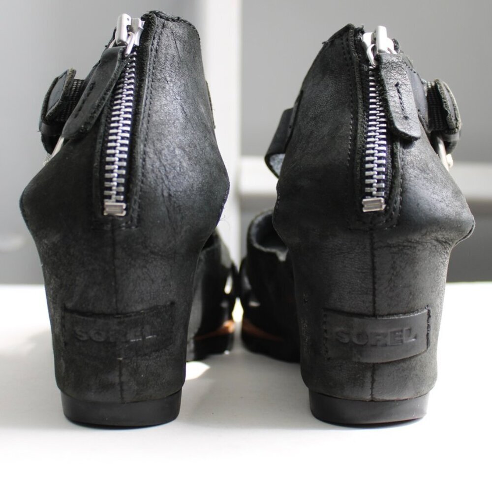 Sorel Women's Black Leather Joanie II Wedges Sandals Heels Size 9.5 - Picture 3 of 7